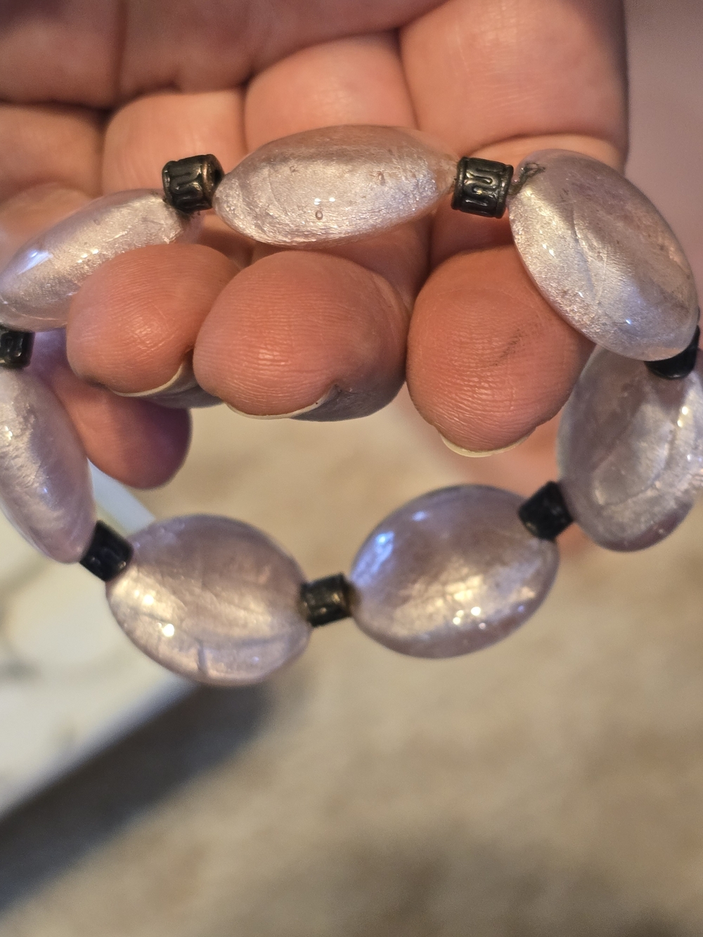 Silver Light Pink Beaded Stretch Bracelet - Unbranded